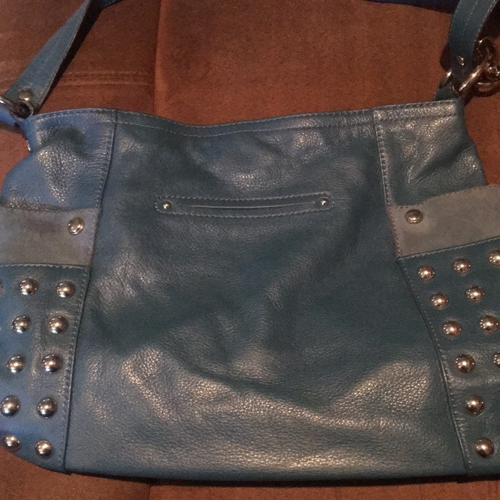 B Makowsky Blue Leather Handbag w/studs - Picture 2 of 11